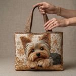 Quilted Yorkshire terrier print tote bag with brown trim and carrying handles
