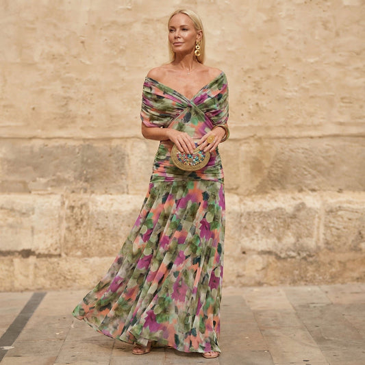 Floral pleated midi dress with off-shoulder neckline and twisted bodice