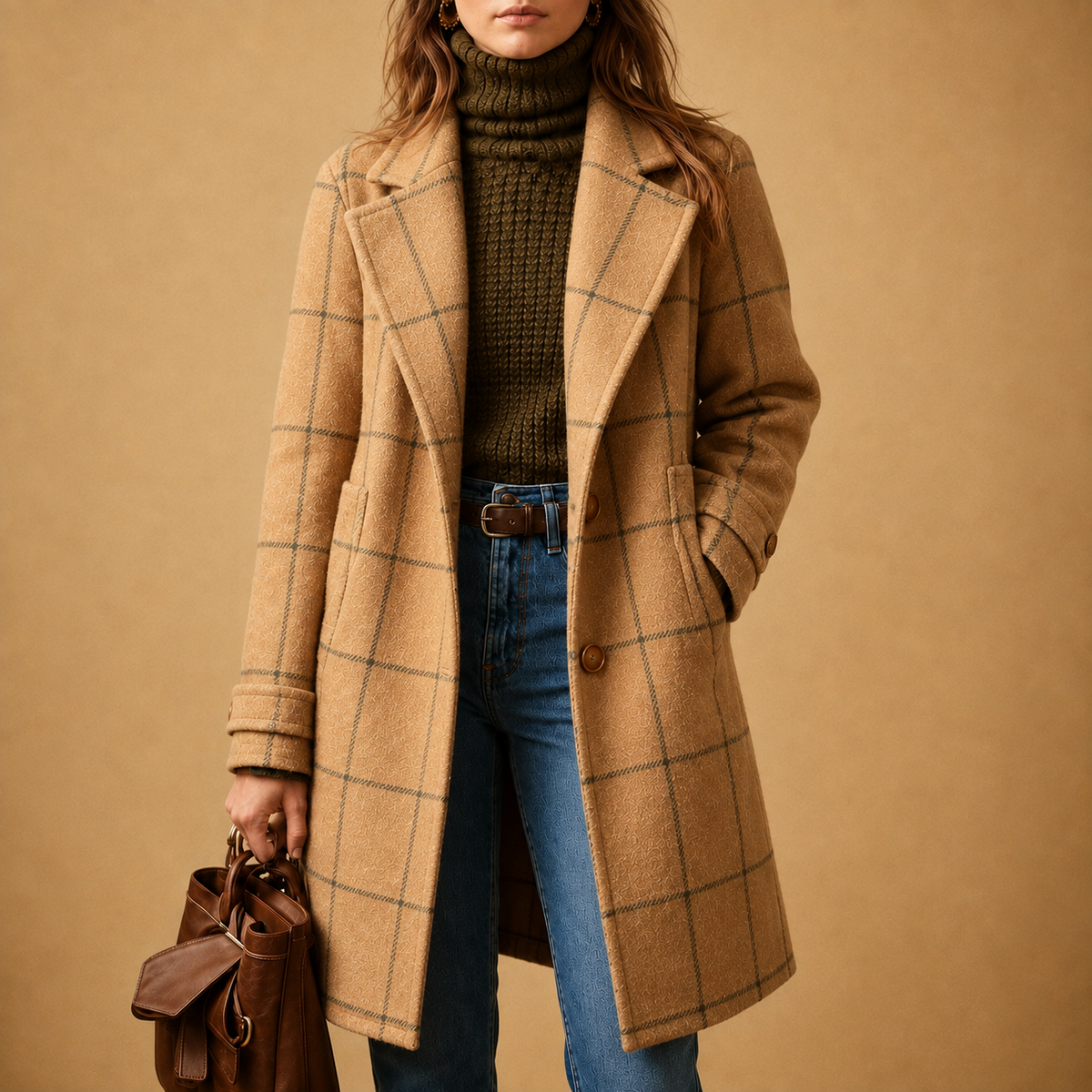 Beige plaid wool coat with notch lapels, long sleeves, and button front