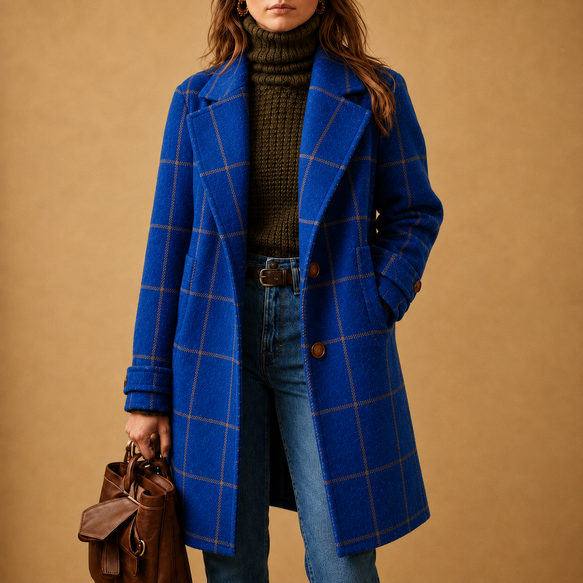 Blue plaid wool coat with notch lapels, long sleeves, and button front
