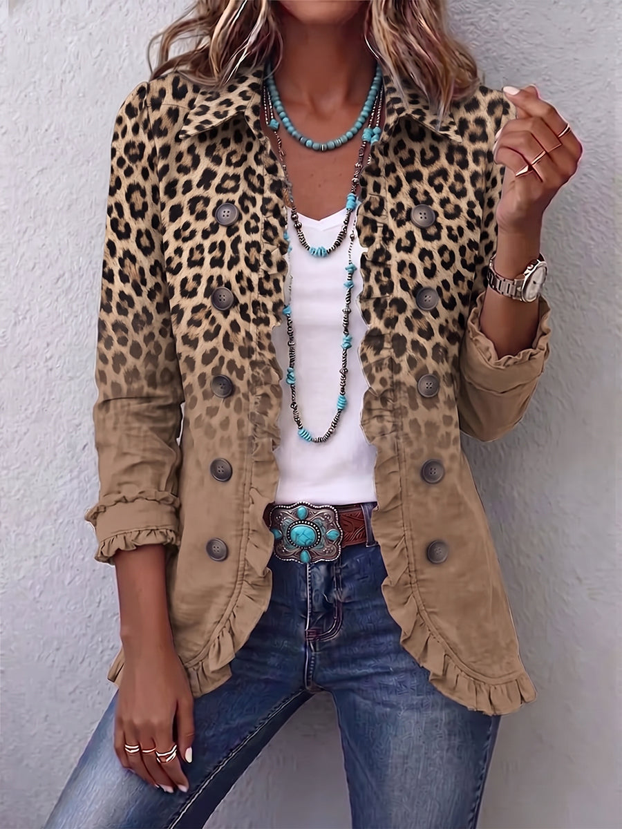 Leopard print jacket with button front and stand collar, brown and tan