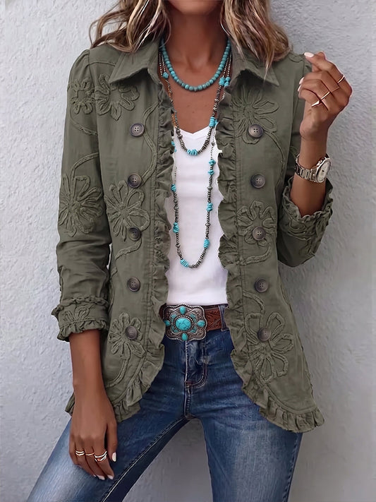 Olive embroidered utility jacket with front button closures and floral stitch detailing