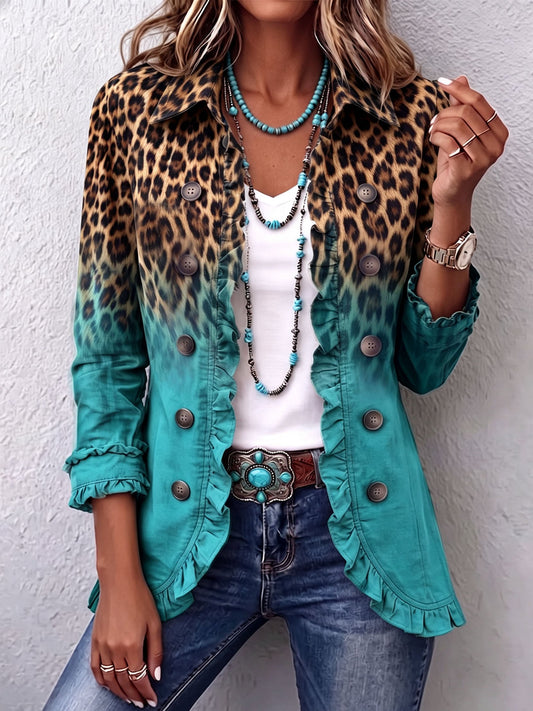 Ombre leopard ruffle blazer, turquoise teal with button front and ruffled cuffs