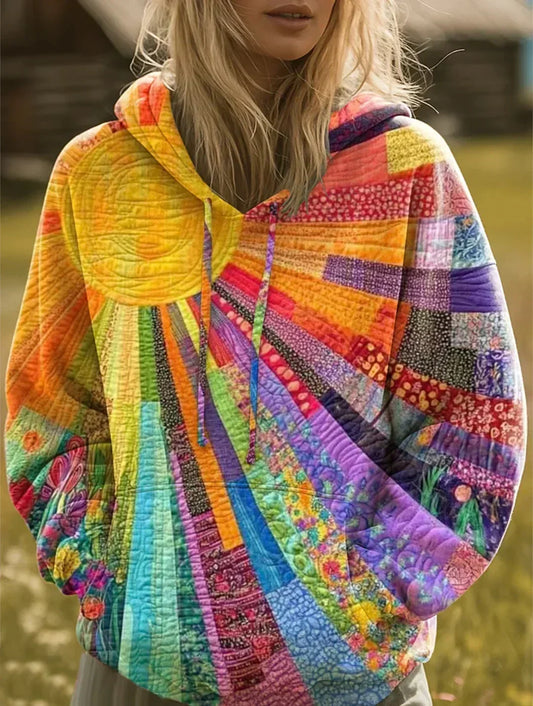Multicolor bohemian patchwork hoodie with drawstring hood and kangaroo pocket