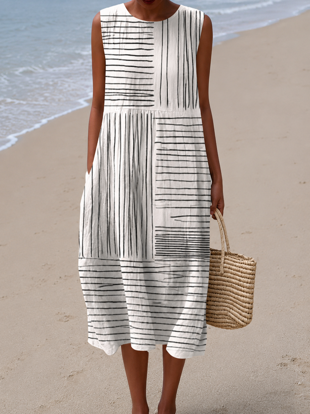 Sleeveless striped midi dress with gathered waist seam, round neckline, black-and-white.