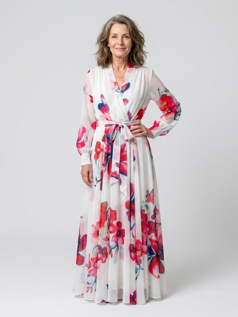 Red and blue floral maxi wrap dress, long sleeves, tied waist, V-neck