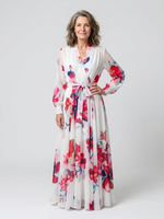 Red and blue floral maxi wrap dress, long sleeves, tied waist, V-neck