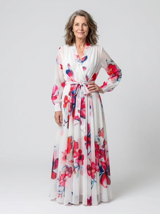 Red and blue floral maxi wrap dress, long sleeves, tied waist, V-neck