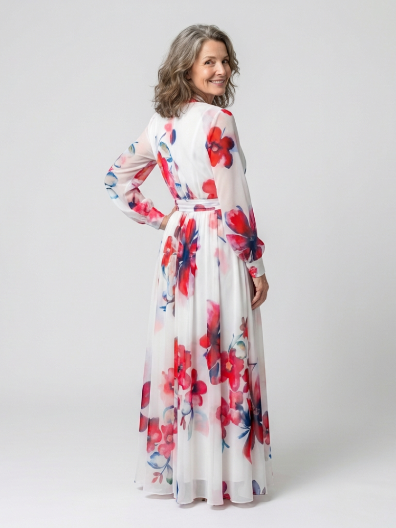 White base floral maxi wrap dress, long sleeves, tied waist