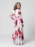White base floral maxi wrap dress, long sleeves, tied waist