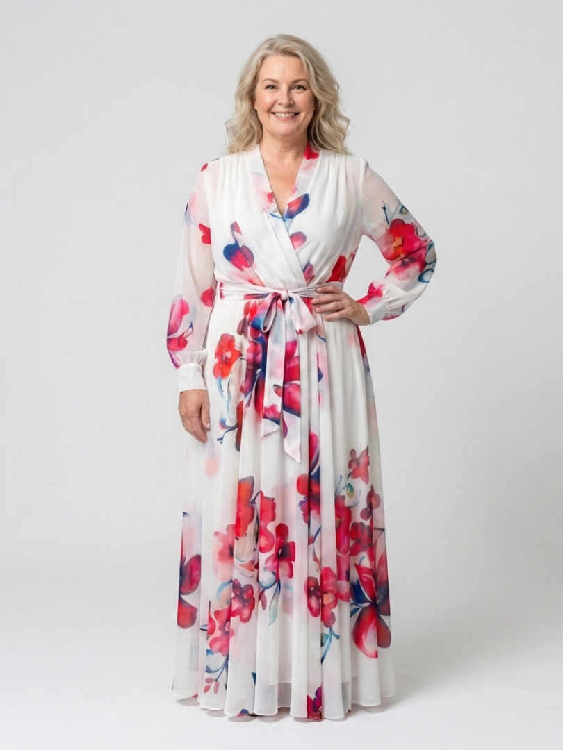 Red and blue floral maxi wrap dress, long sleeves, tied waist, flowing skirt