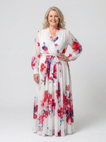 Red and blue floral maxi wrap dress, long sleeves, tied waist, flowing skirt