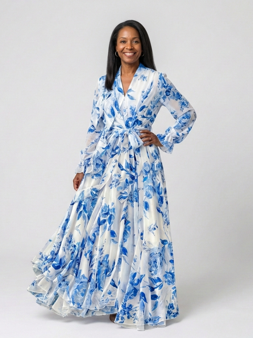 Blue floral maxi wrap dress with long sleeves, tied waist, V-neck