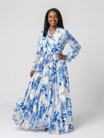 Blue floral maxi wrap dress with long sleeves, tied waist, V-neck
