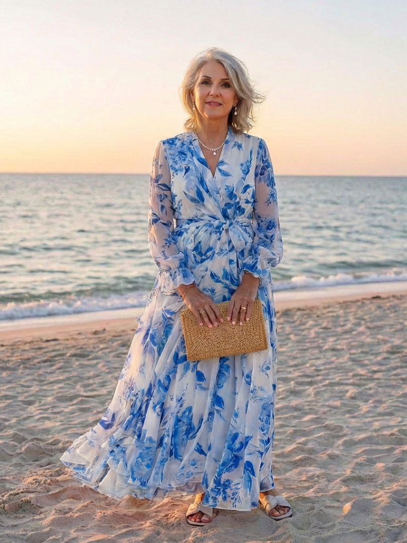 Blue floral maxi wrap dress with long sleeves, tied waist, V-neck