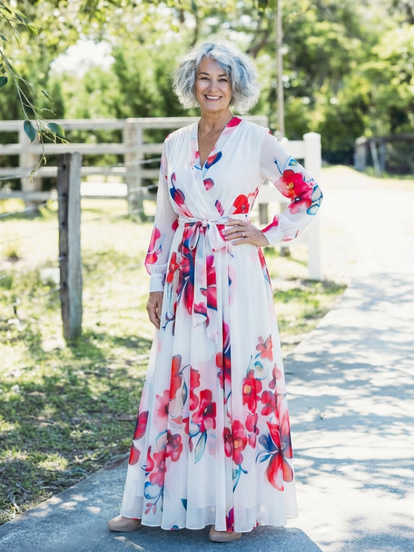 Red floral maxi wrap dress with long sleeves, tied waist, ankle-length skirt