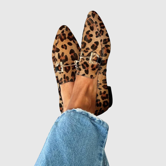 Leopard-print loafers with metal buckle strap and tan suede lining