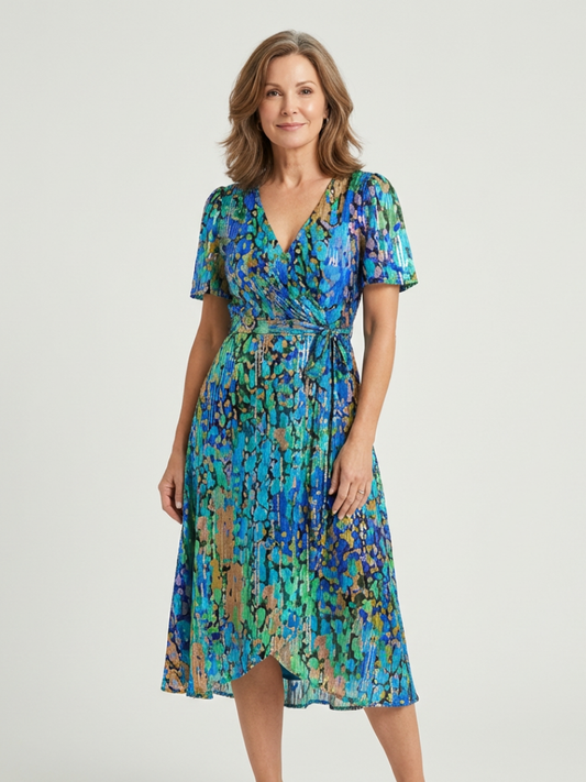 Blue abstract-print midi dress with V-neck, short sleeves, and tie waist